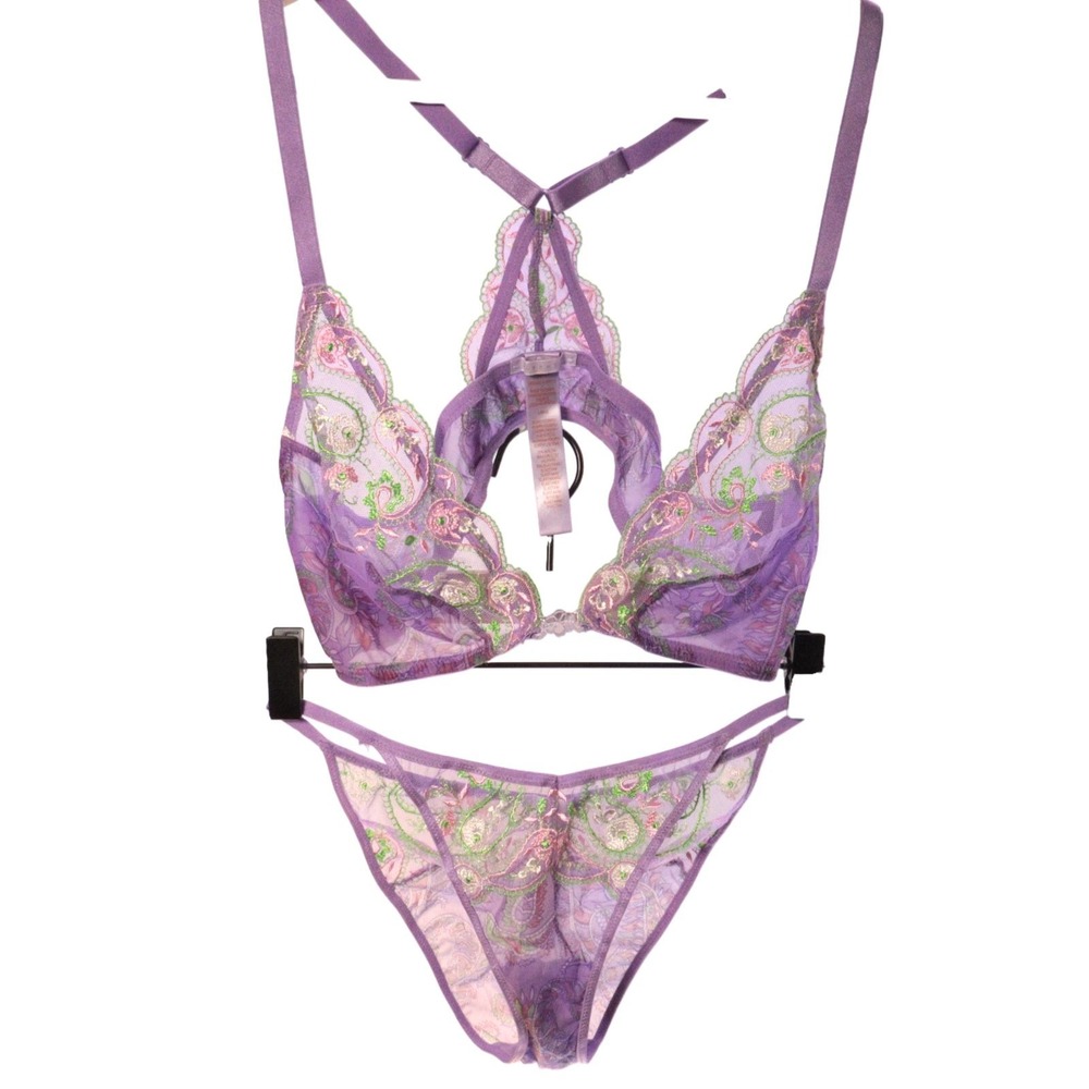 Savage x Fenty Lavender Floral Lace Mesh Lingerie 2 Piece Panty & Bra L